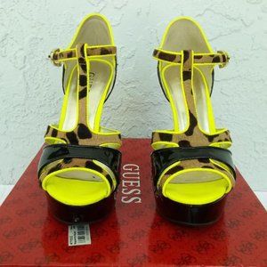 6 ½ M Guess Korrinee T-strap peep toe stiletto heel. Animal print.